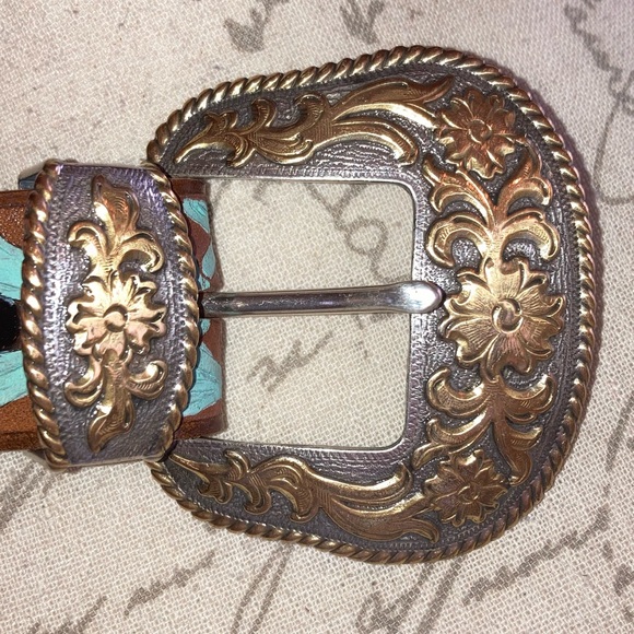 Vintage NWOT Red Spur Western Rodeo Cowgirl Bling Floral Tooled Leather Belt 34 main image 4